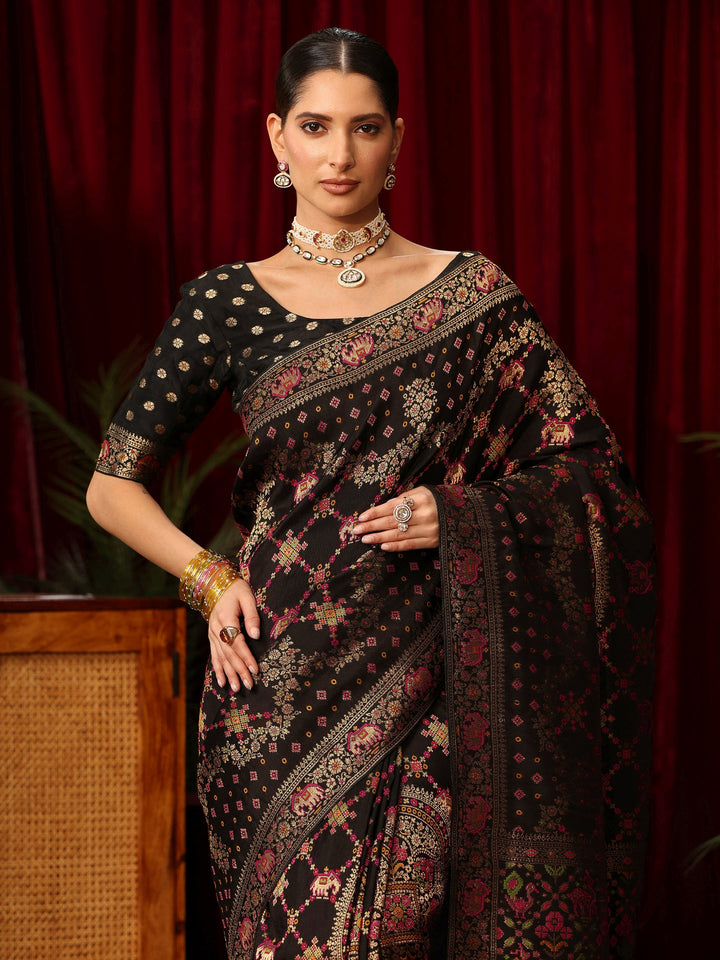 Libas Art Black Woven Design Silk Blend Saree with Patola Pallu