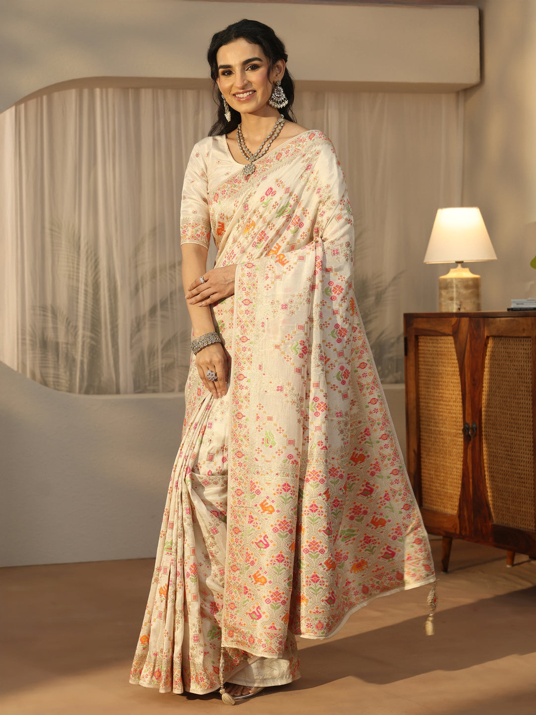 Libas Art Cream Woven Design Silk Blend Saree