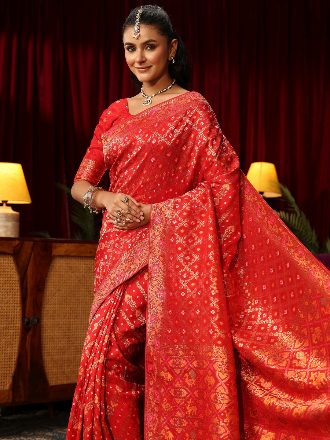 Libas Art Red Gharchola Silk Blendd Saree with Patola Pallu