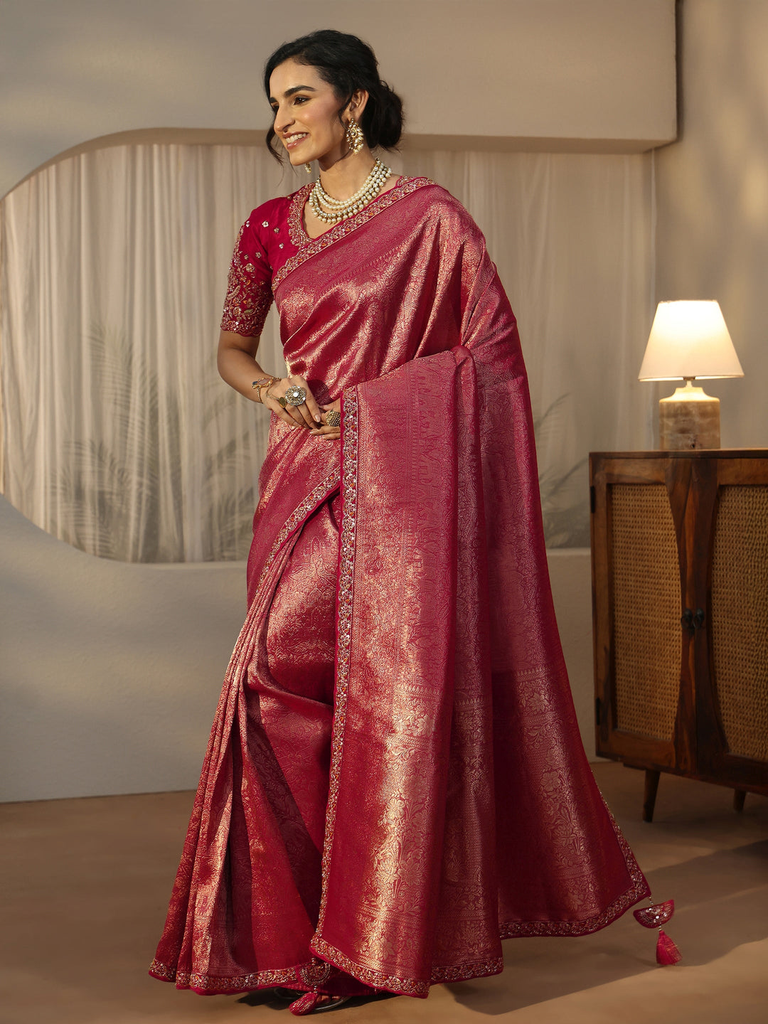 Libas Art Pink Textured Silk Blend Saree with Embellished Border