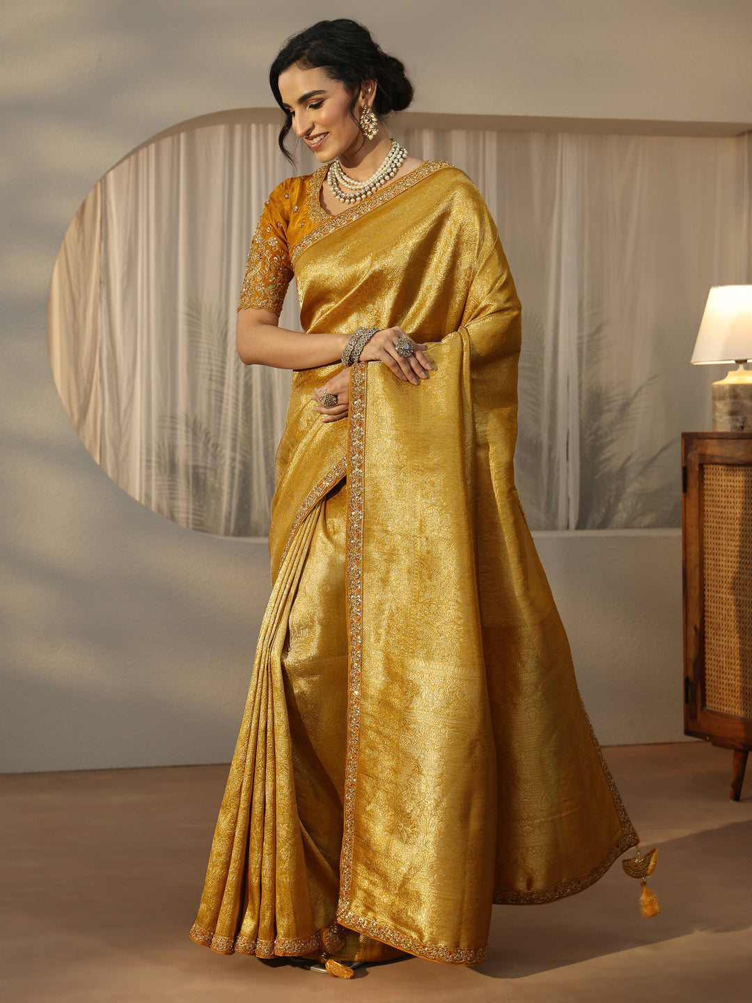 Libas Art Mustard Textured Silk Blend Saree with Embellished Border