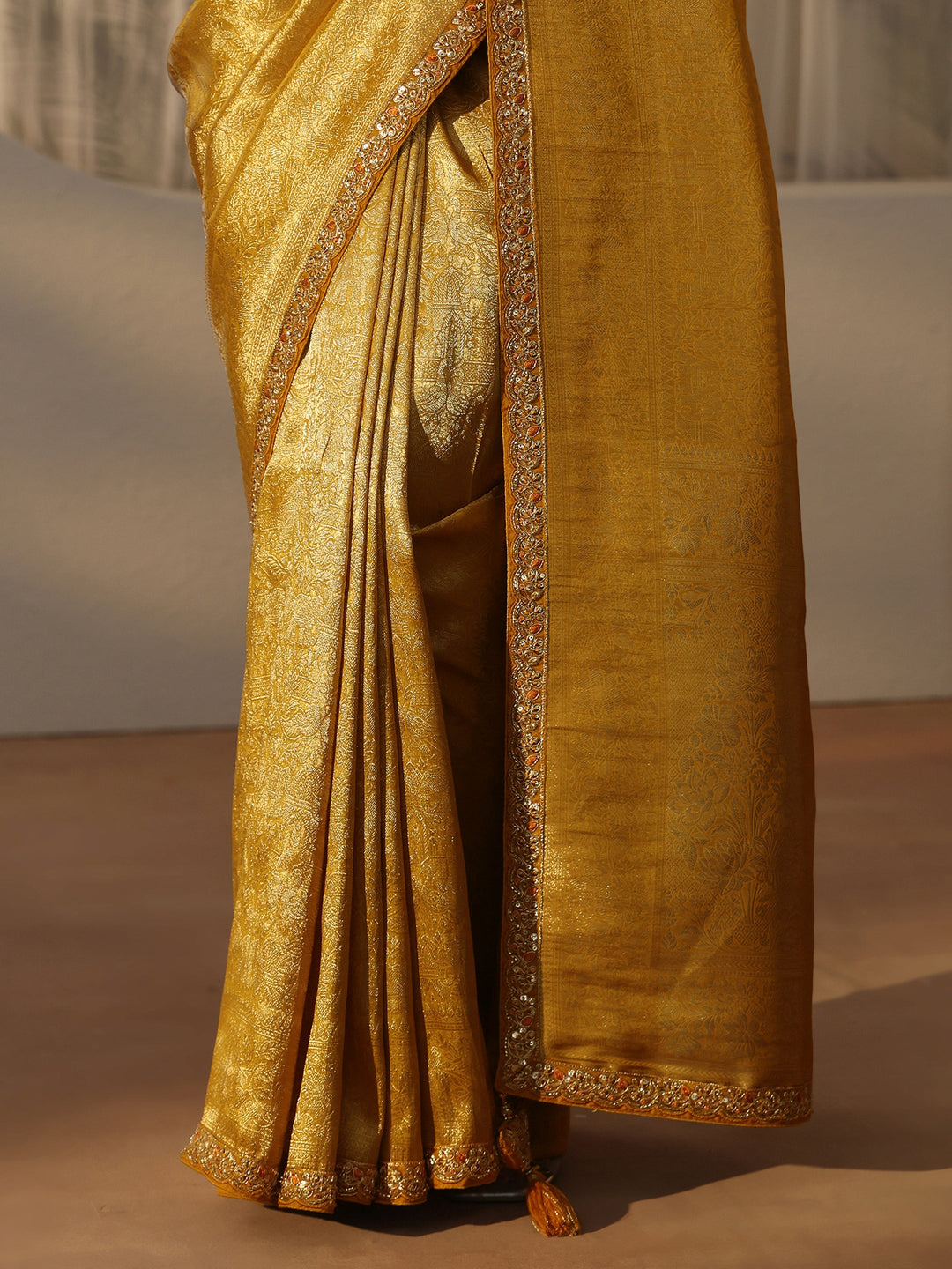 Libas Art Mustard Textured Silk Blend Saree with Embellished Border