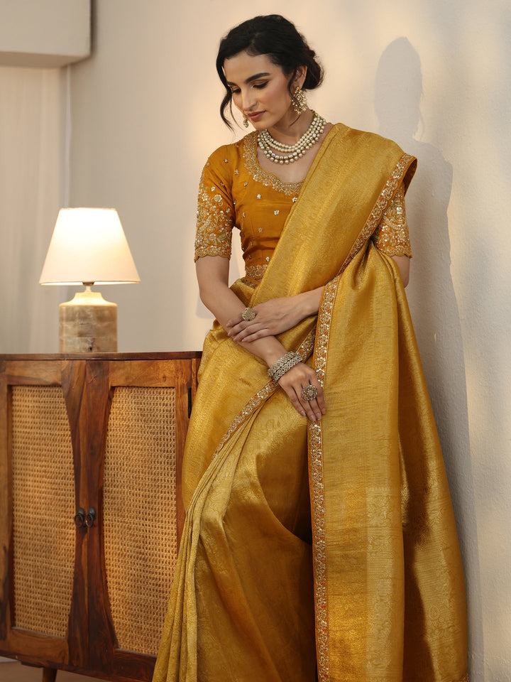 Libas Art Mustard Textured Silk Blend Saree with Embellished Border