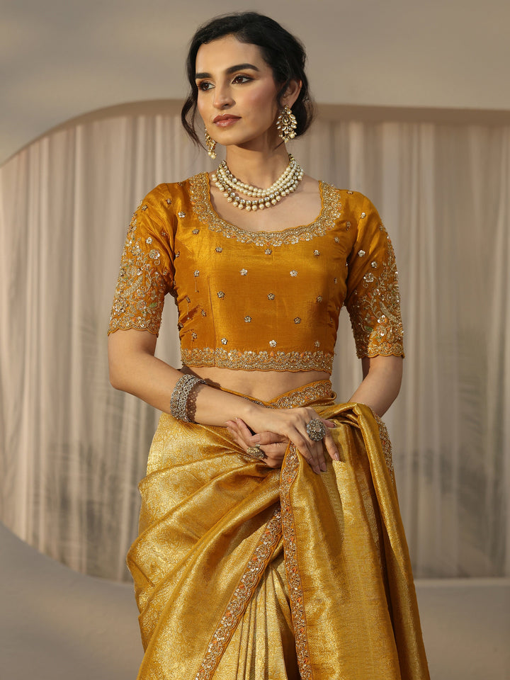 Libas Art Mustard Textured Silk Blend Saree with Embellished Border