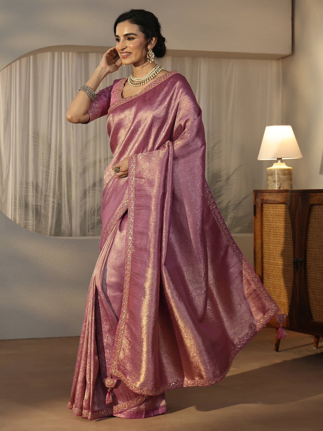 Libas Art Lavender Textured Silk Blend Saree with Embellished Border