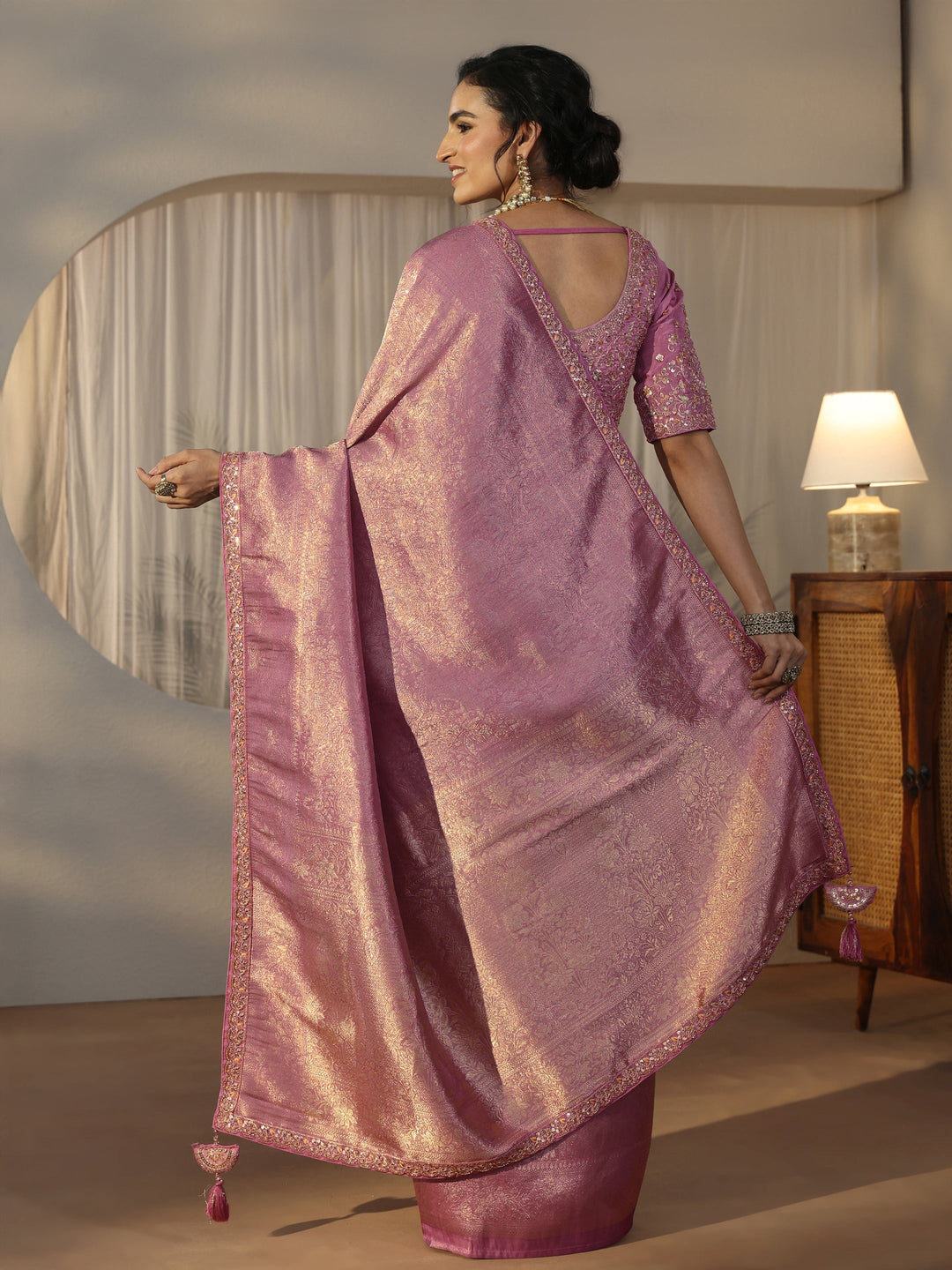 Libas Art Lavender Textured Silk Blend Saree with Embellished Border