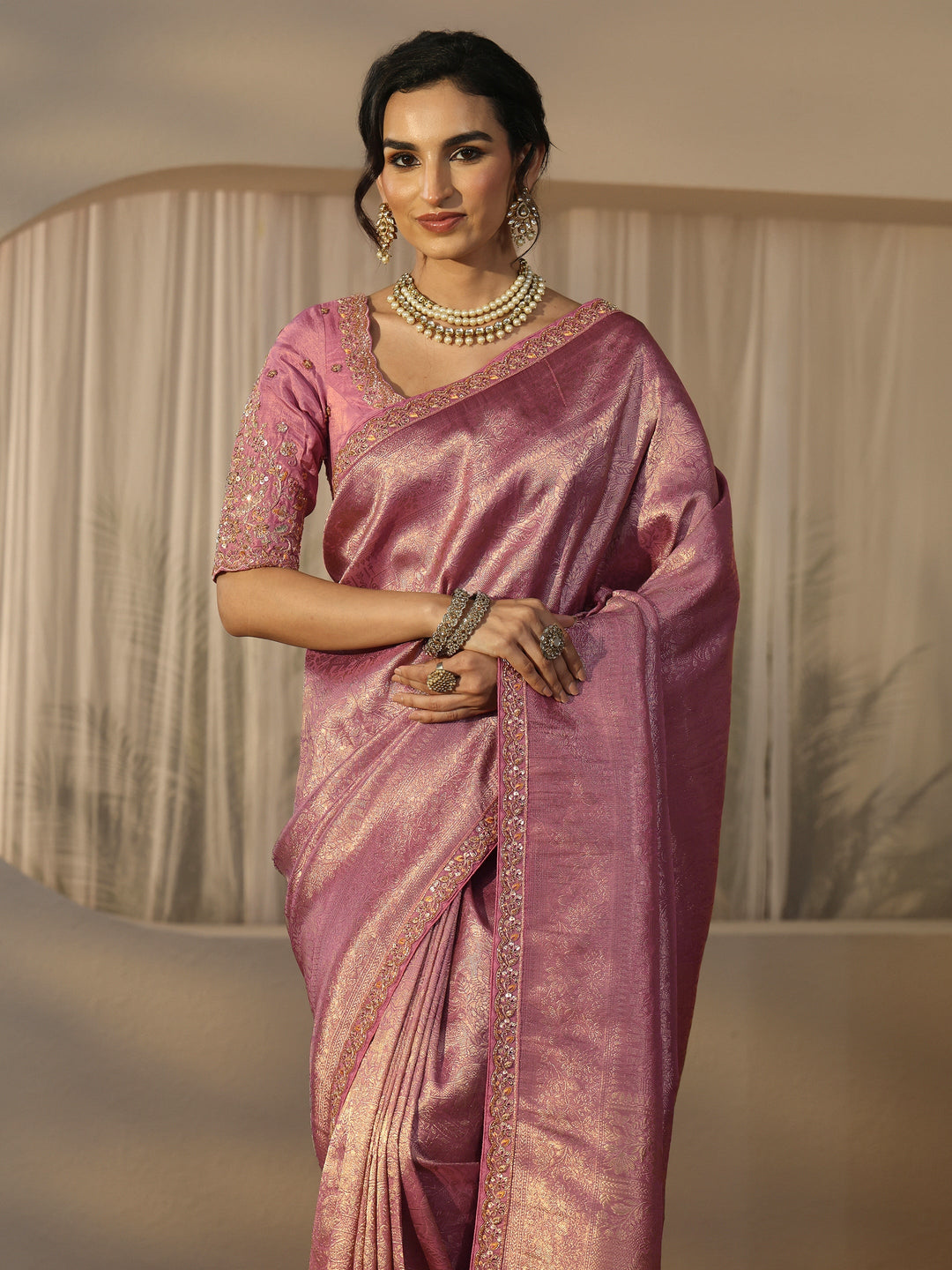Libas Art Lavender Textured Silk Blend Saree with Embellished Border