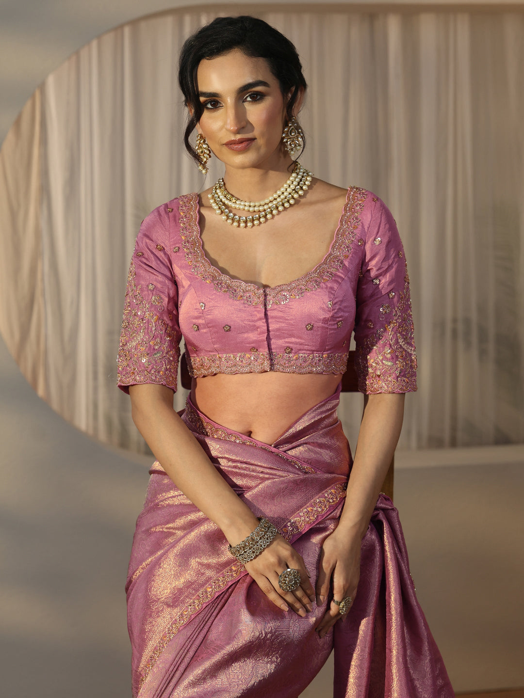 Libas Art Lavender Textured Silk Blend Saree with Embellished Border