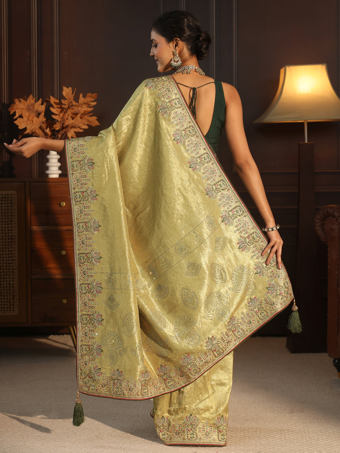 Libas Art Pista Green  Woven Design Silk Blend Saree with Embellished Border