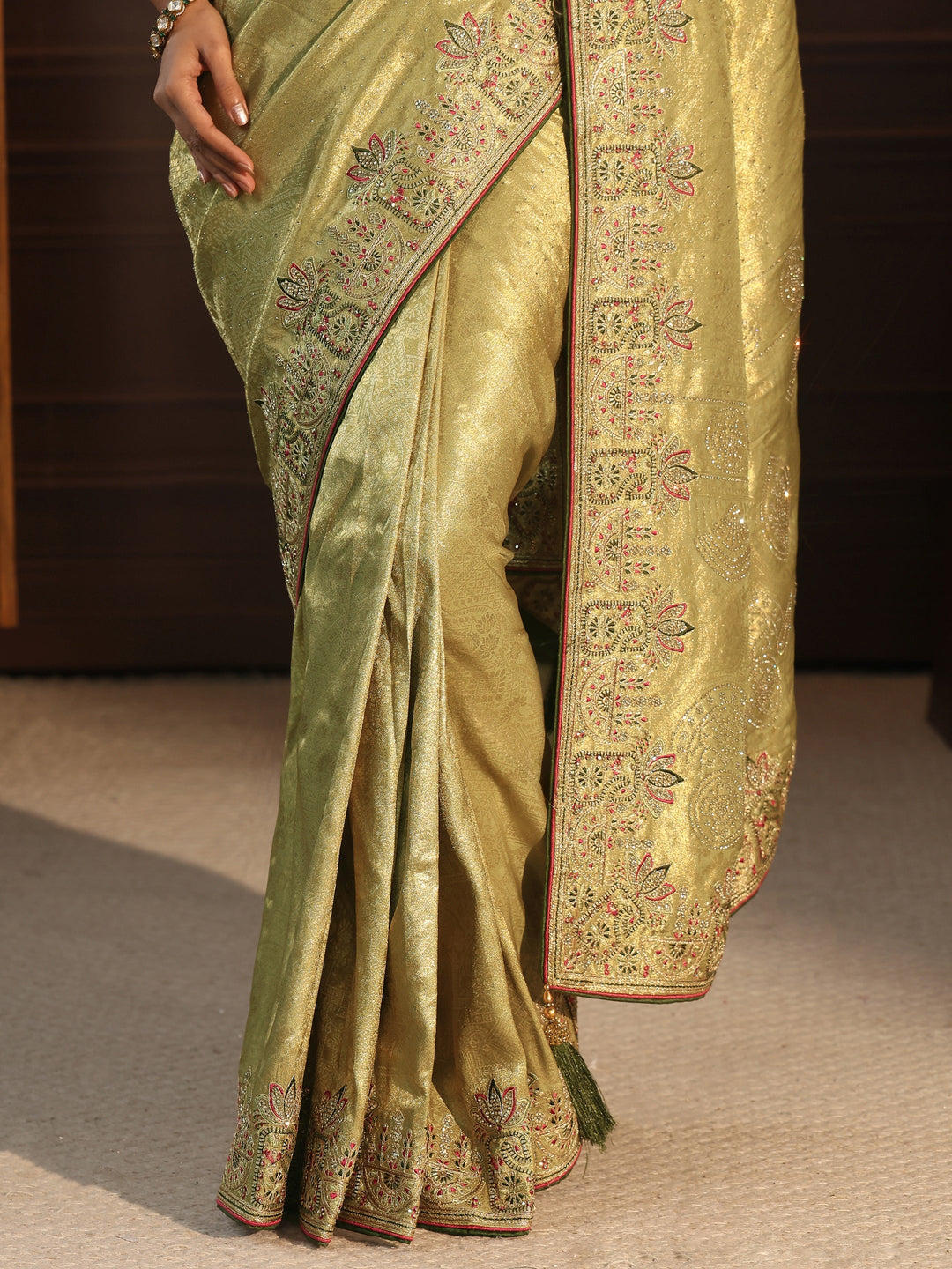 Libas Art Pista Green  Woven Design Silk Blend Saree with Embellished Border