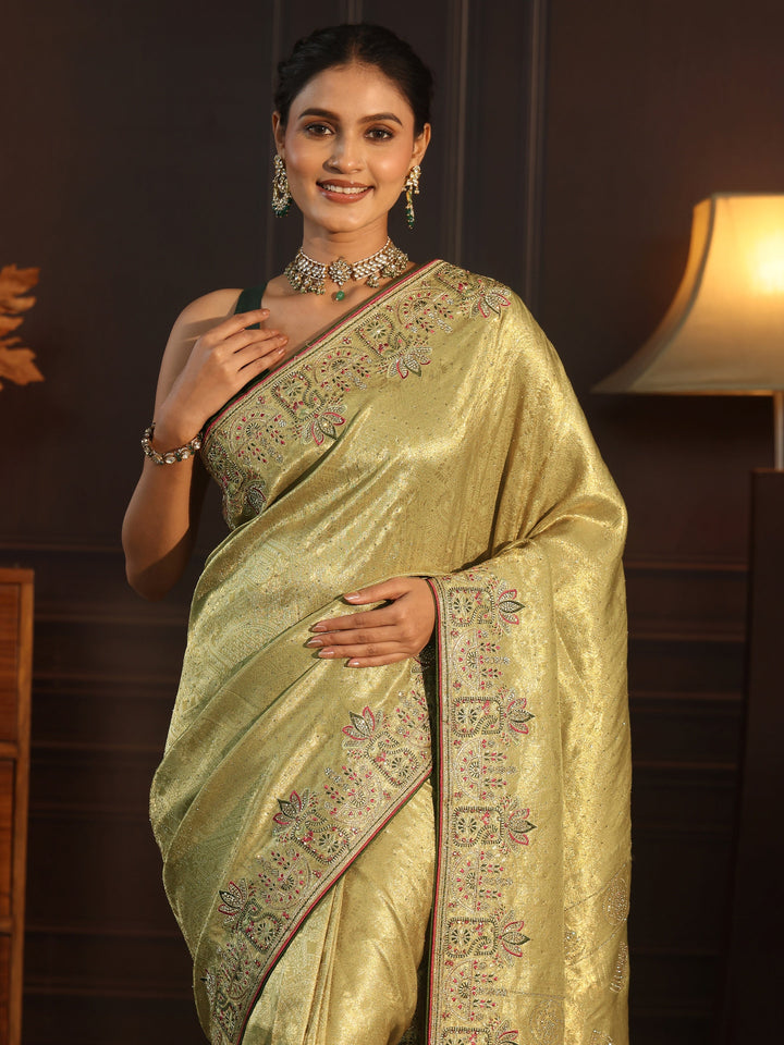 Libas Art Pista Green  Woven Design Silk Blend Saree with Embellished Border
