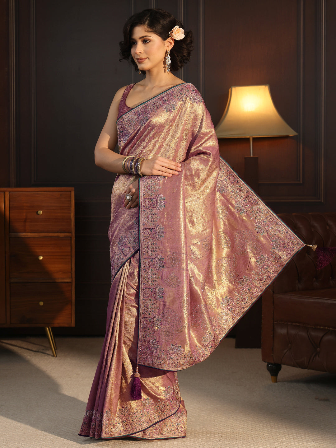 Libas Art Lavender  Woven Design Silk Blend Saree with Embellished Border