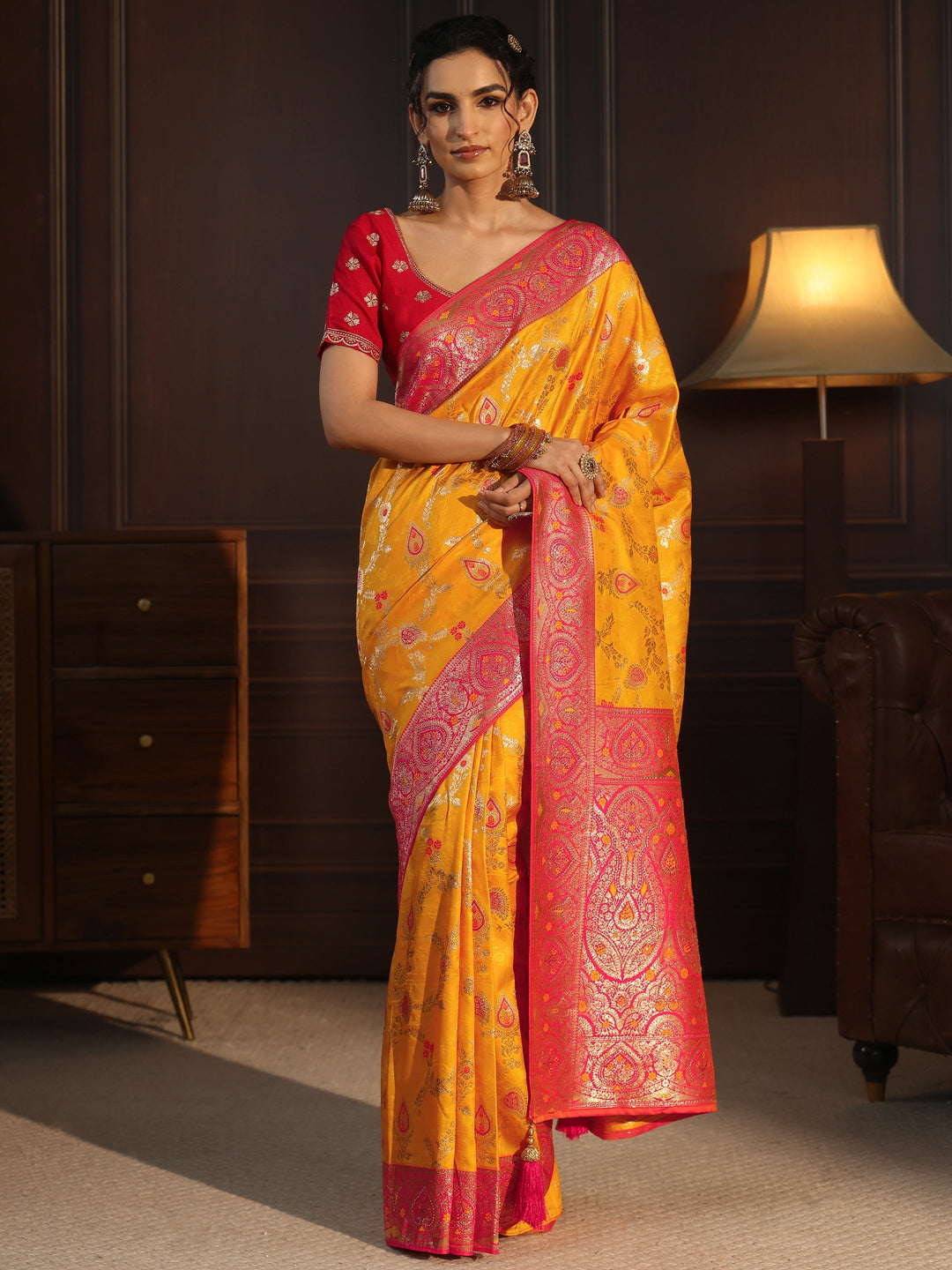 Libas Mustard and Red Woven Design Silk Blend Saree