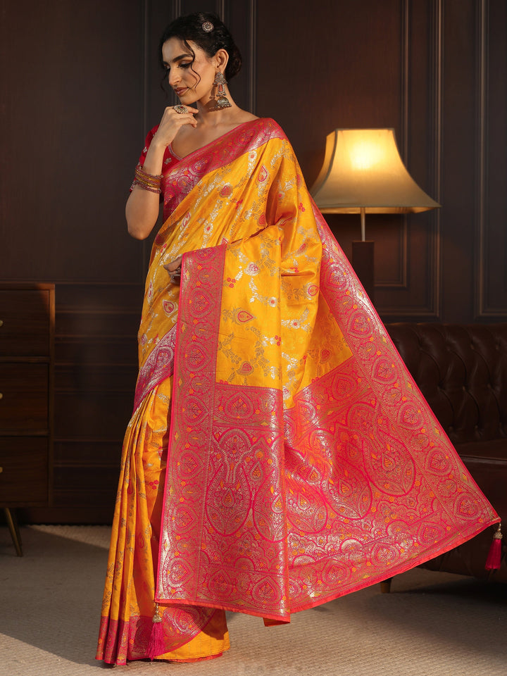 Libas Mustard and Red Woven Design Silk Blend Saree