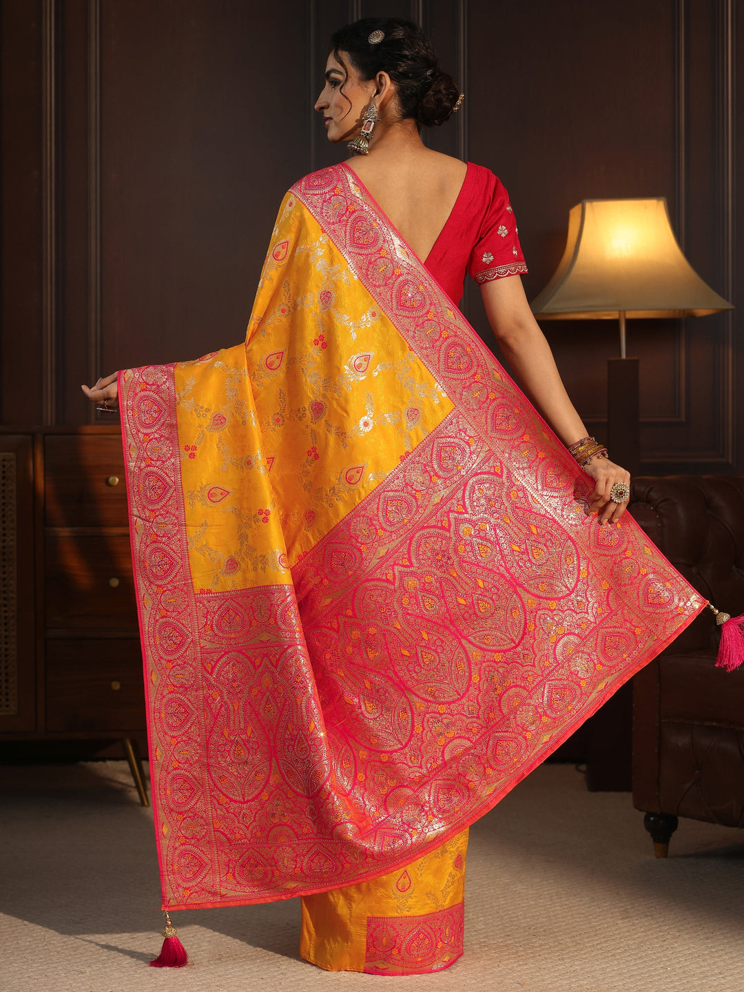Libas Mustard and Red Woven Design Silk Blend Saree