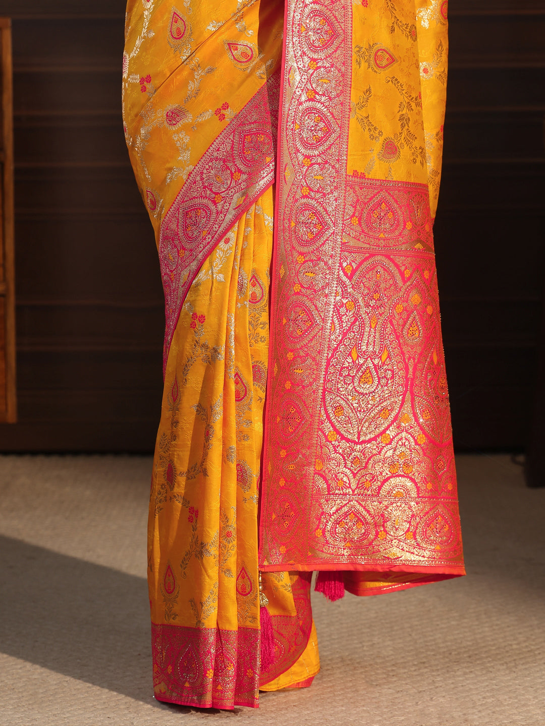 Libas Mustard and Red Woven Design Silk Blend Saree