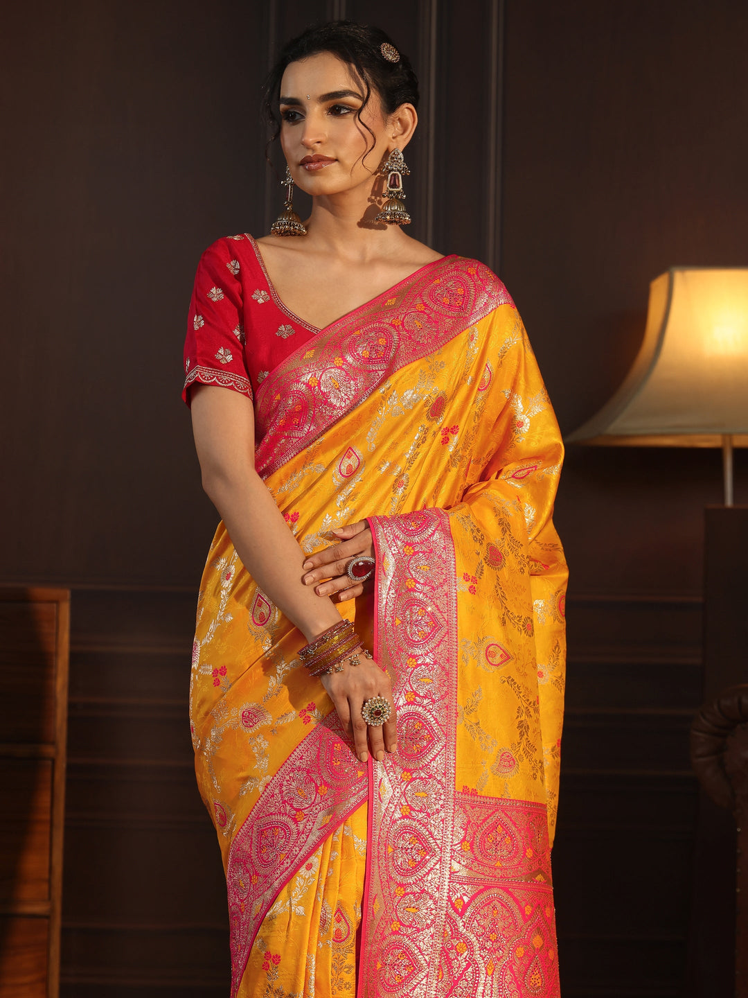 Libas Mustard and Red Woven Design Silk Blend Saree