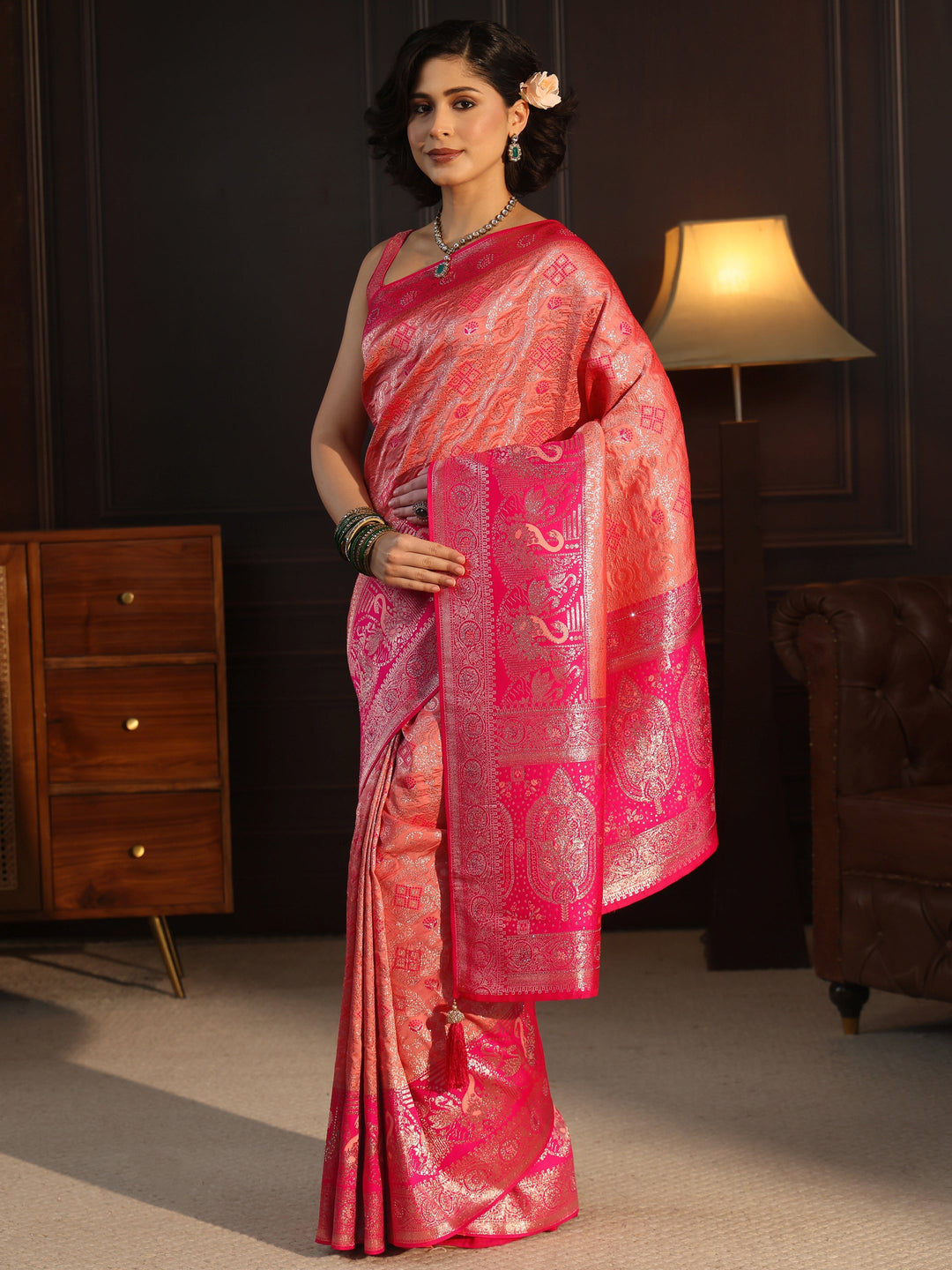 Libas Peach and Pink Woven Design Silk Blend Saree