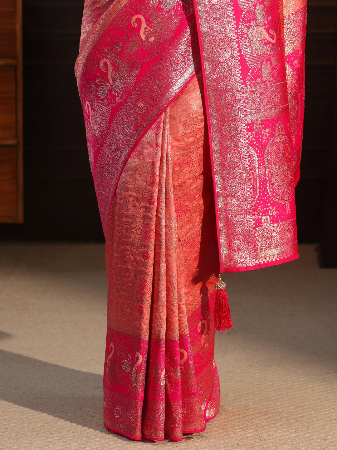 Libas Peach and Pink Woven Design Silk Blend Saree