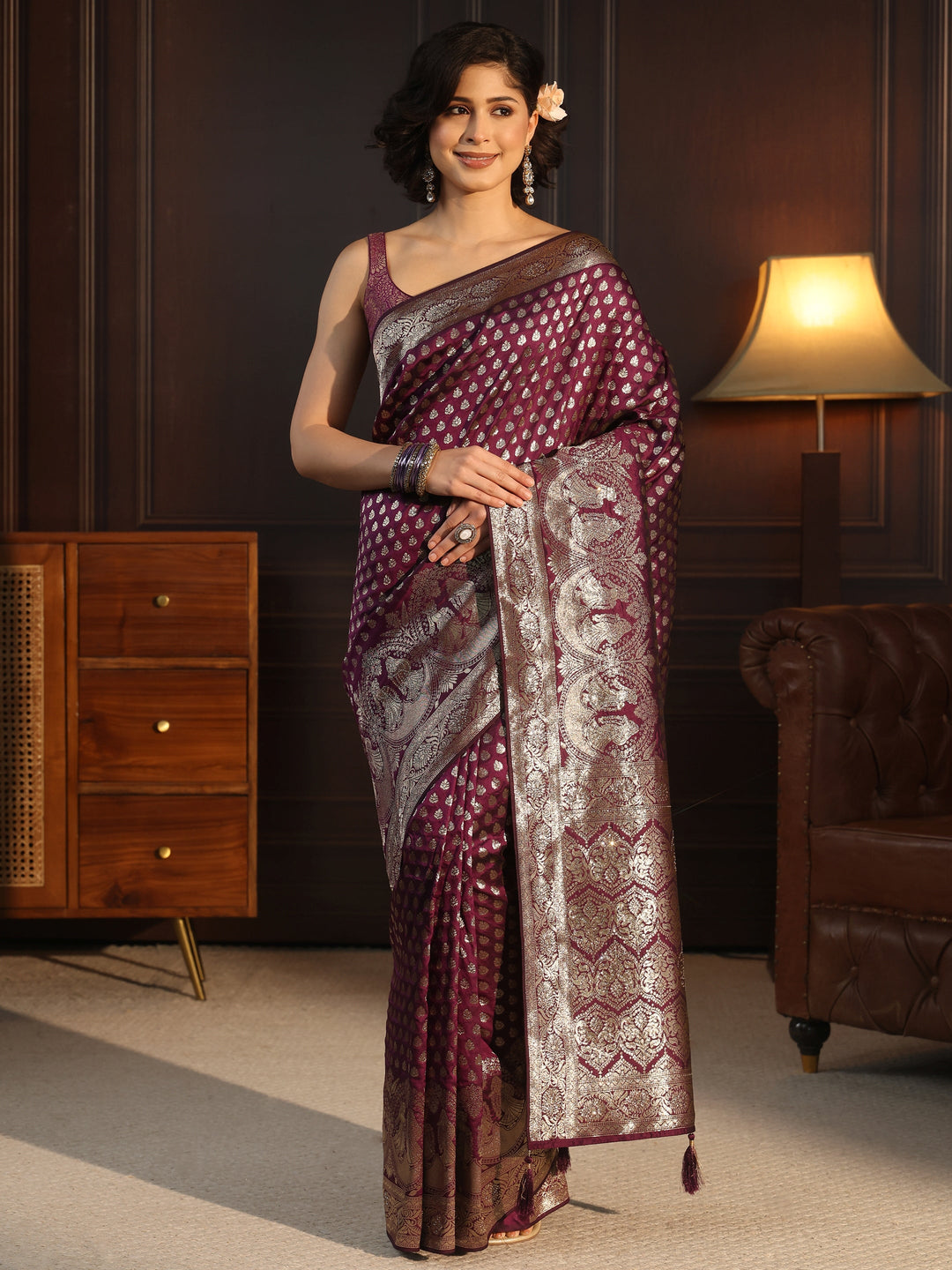 Libas Purple Banarasi Silk Blend Saree