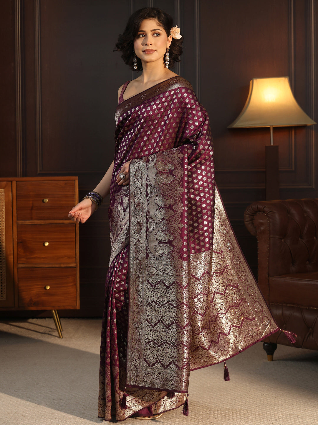 Libas Purple Banarasi Silk Blend Saree