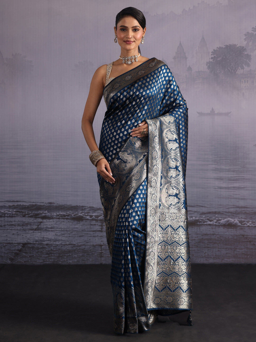 Libas Prussian Blue Banarasi Silk Blend Saree