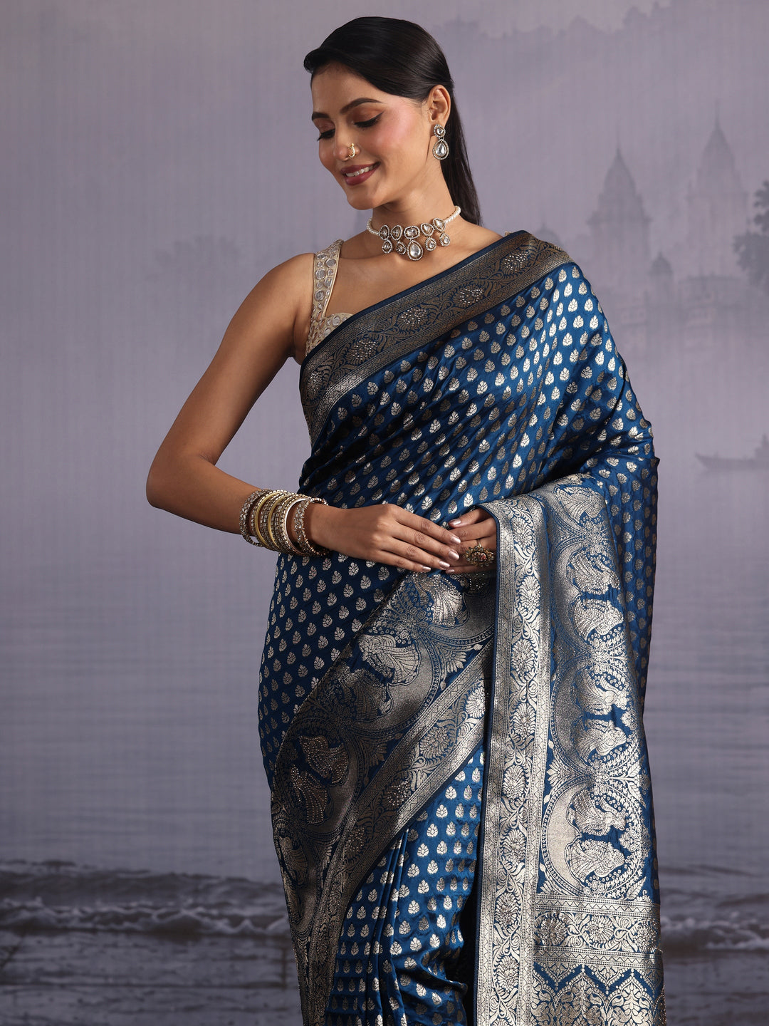 Libas Prussian Blue Banarasi Silk Blend Saree