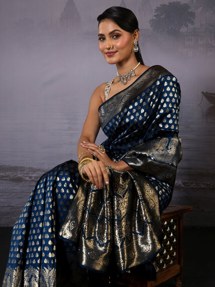 Libas Prussian Blue Banarasi Silk Blend Saree