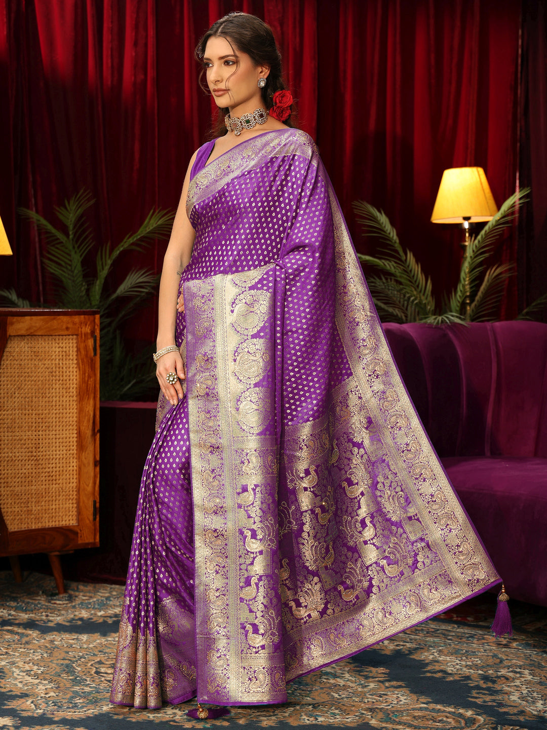 Libas Purple Banarasi Silk Blend Saree with Embellished Pallu