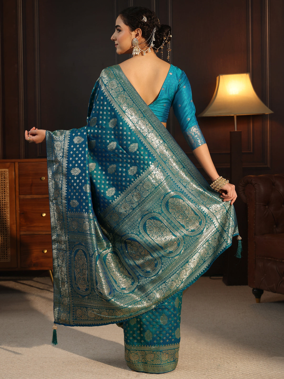 Libas Teal Blue Floral Woven Design Silk Blend Saree