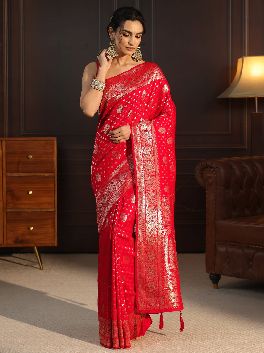 Libas Red Floral Woven Design Silk Blend Saree
