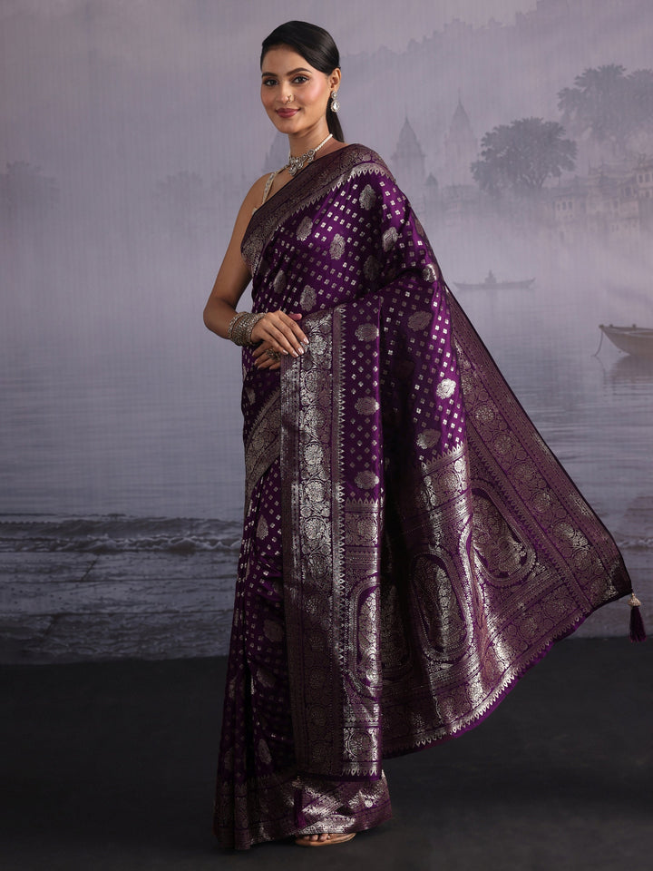 Libas Purple Floral Woven Design Silk Blend Saree