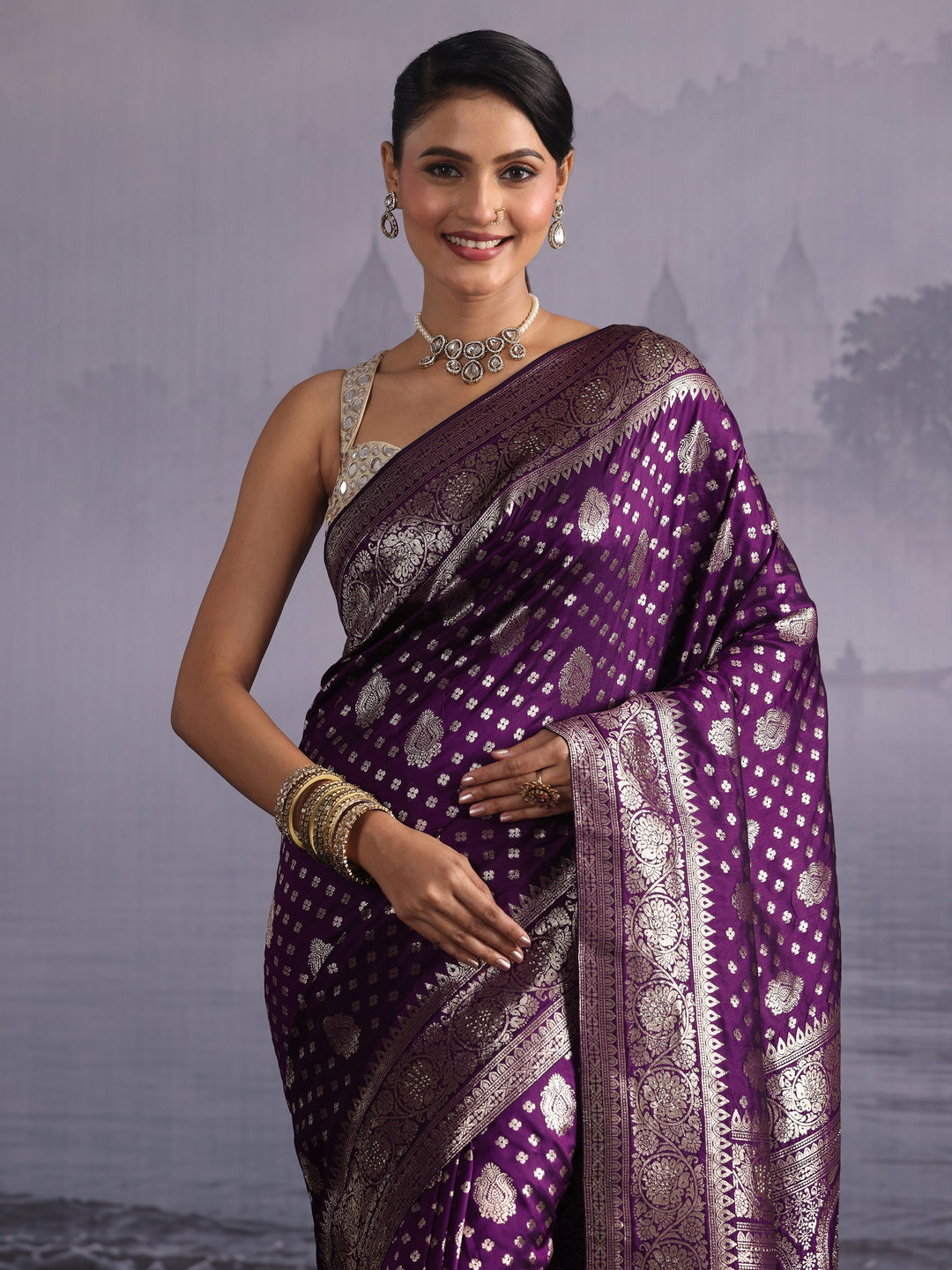 Libas Purple Floral Woven Design Silk Blend Saree