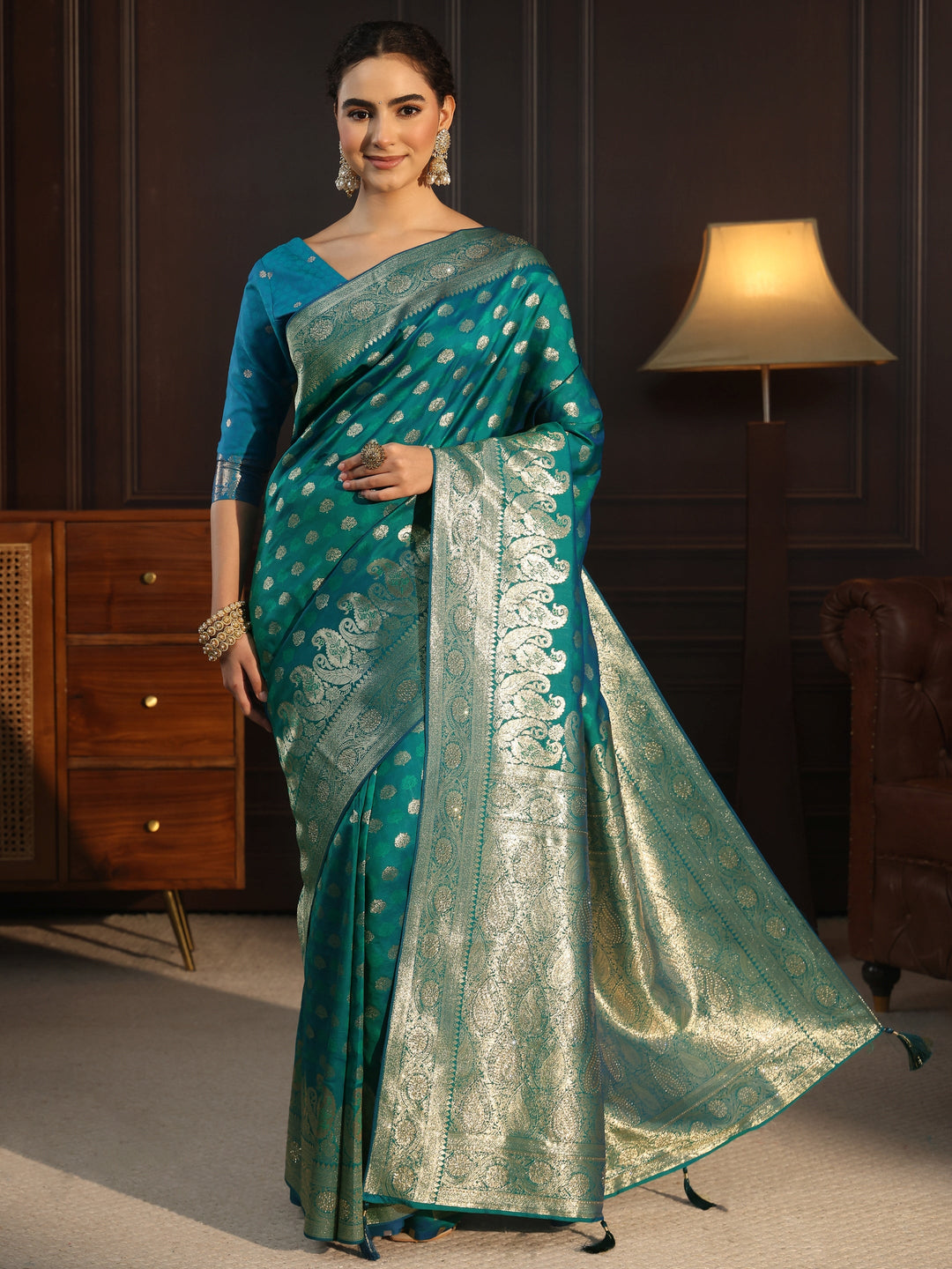 Libas Teal Blue Paisley Woven Design Silk Blend Saree