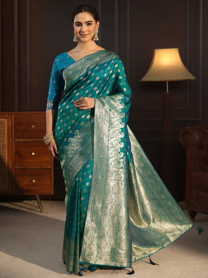 Libas Teal Blue Paisley Woven Design Silk Blend Saree