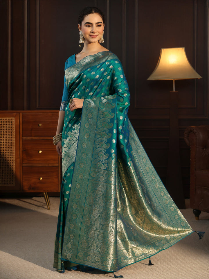Libas Teal Blue Paisley Woven Design Silk Blend Saree