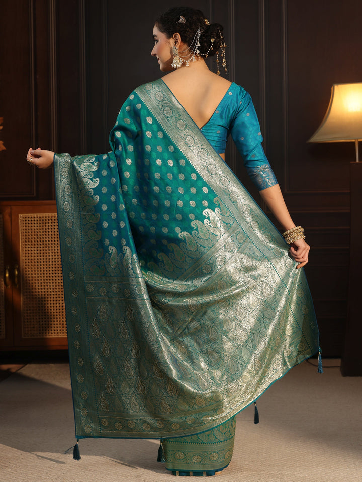 Libas Teal Blue Paisley Woven Design Silk Blend Saree