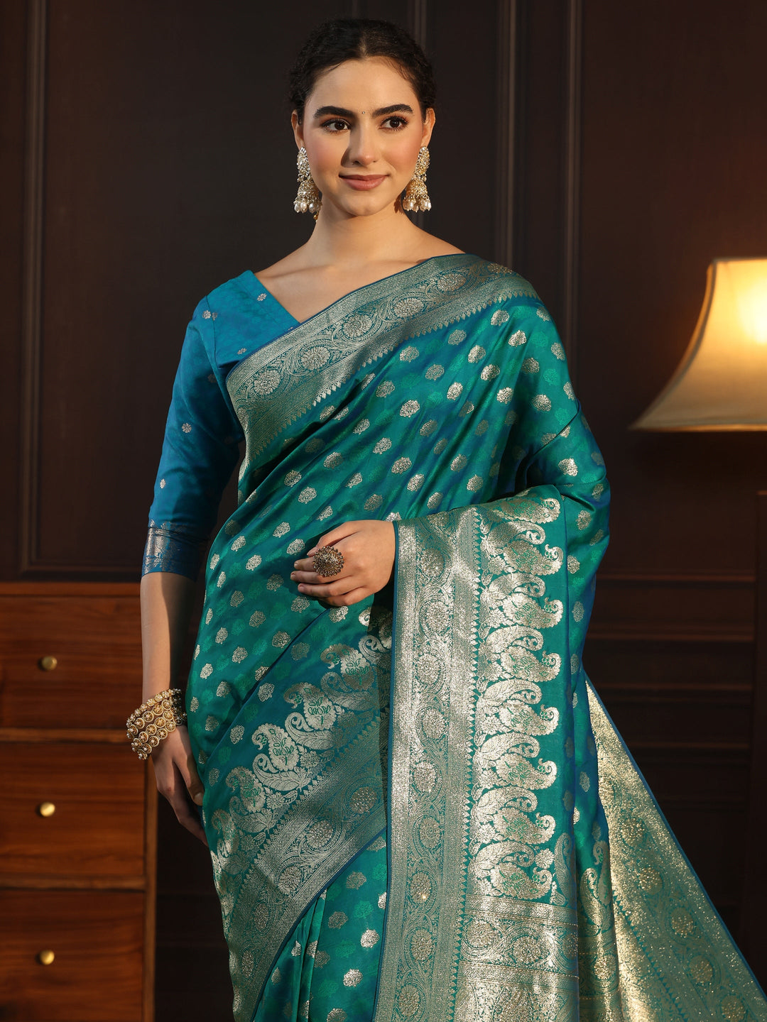 Libas Teal Blue Paisley Woven Design Silk Blend Saree
