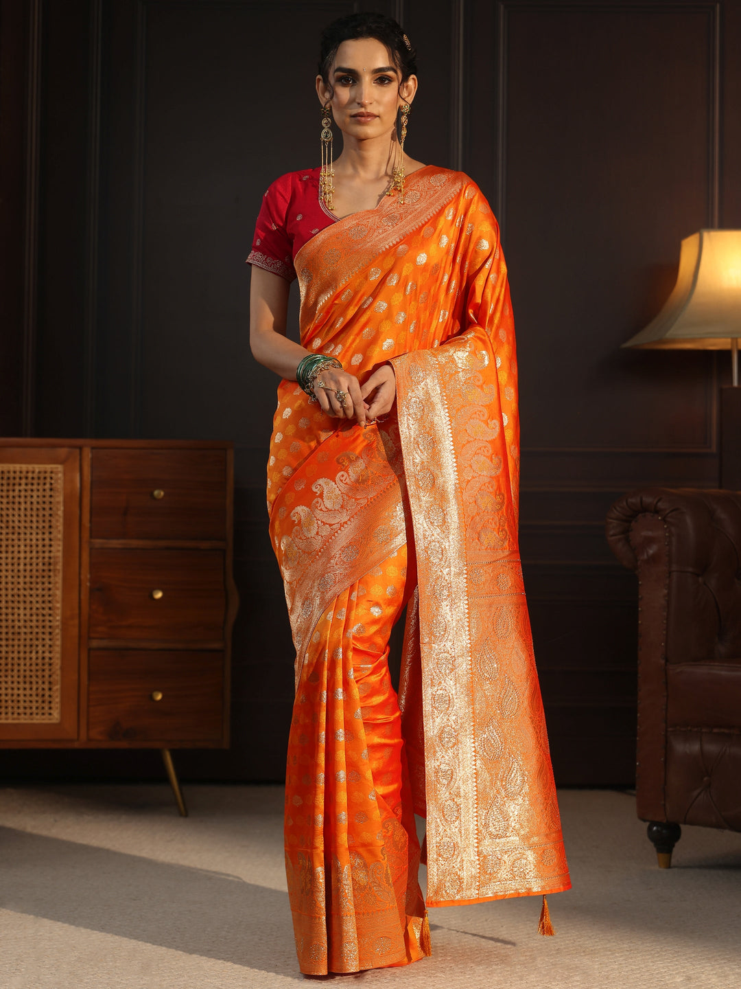 Libas Orange Paisley Woven Design Silk Blend Saree