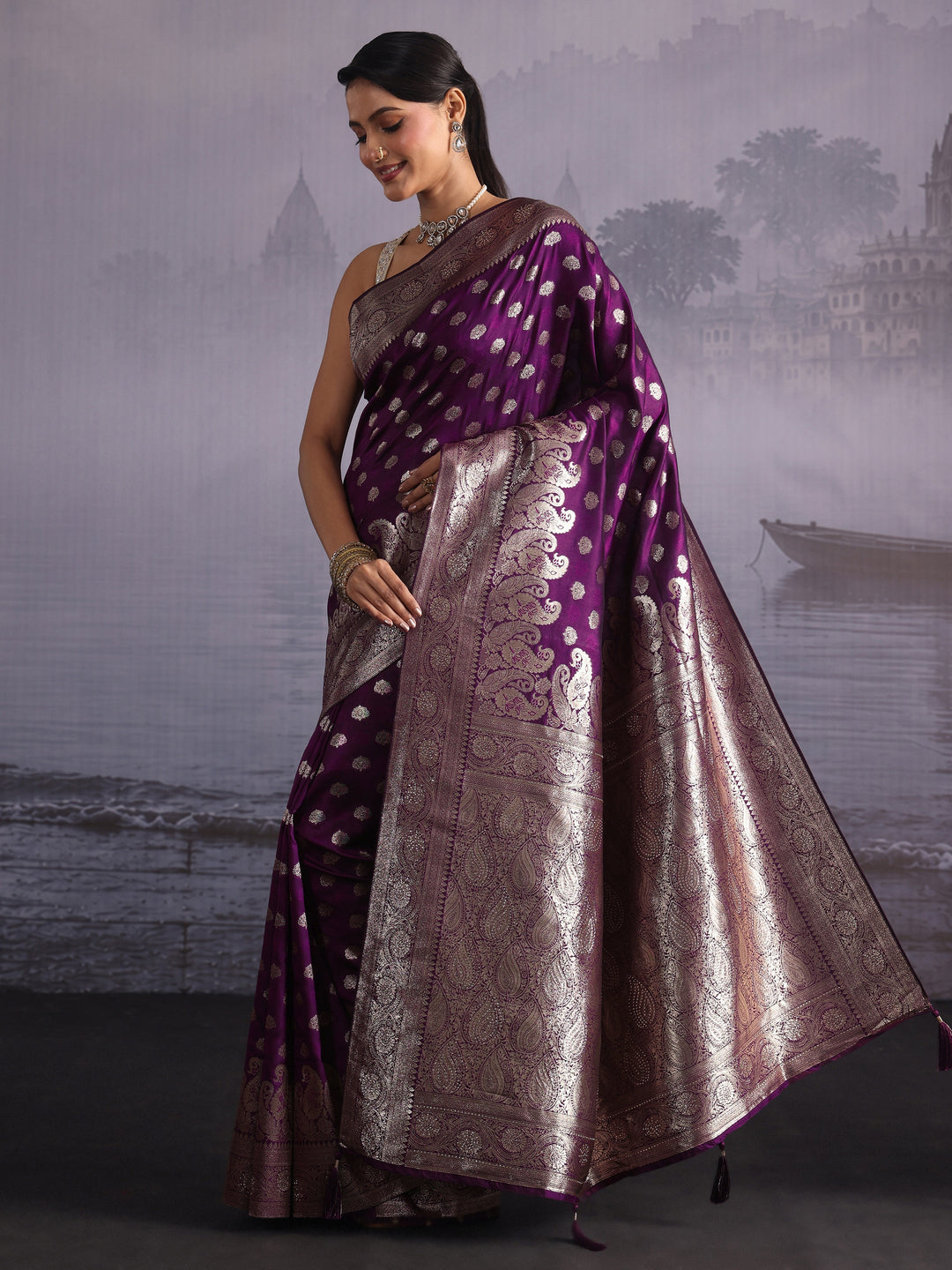 Libas Purple Banarasi Silk Blend Saree