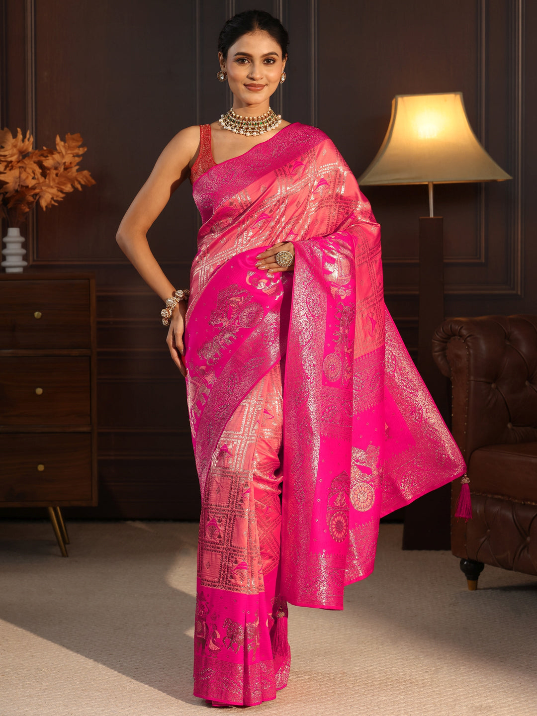 Libas Peach Mughal Style Woven Design Brocade Saree