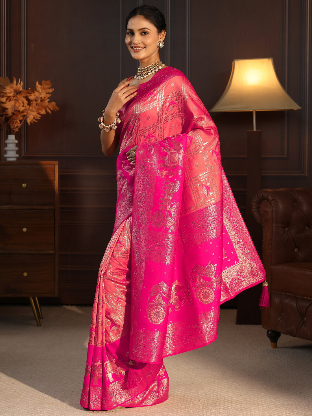 Libas Peach Mughal Style Woven Design Brocade Saree