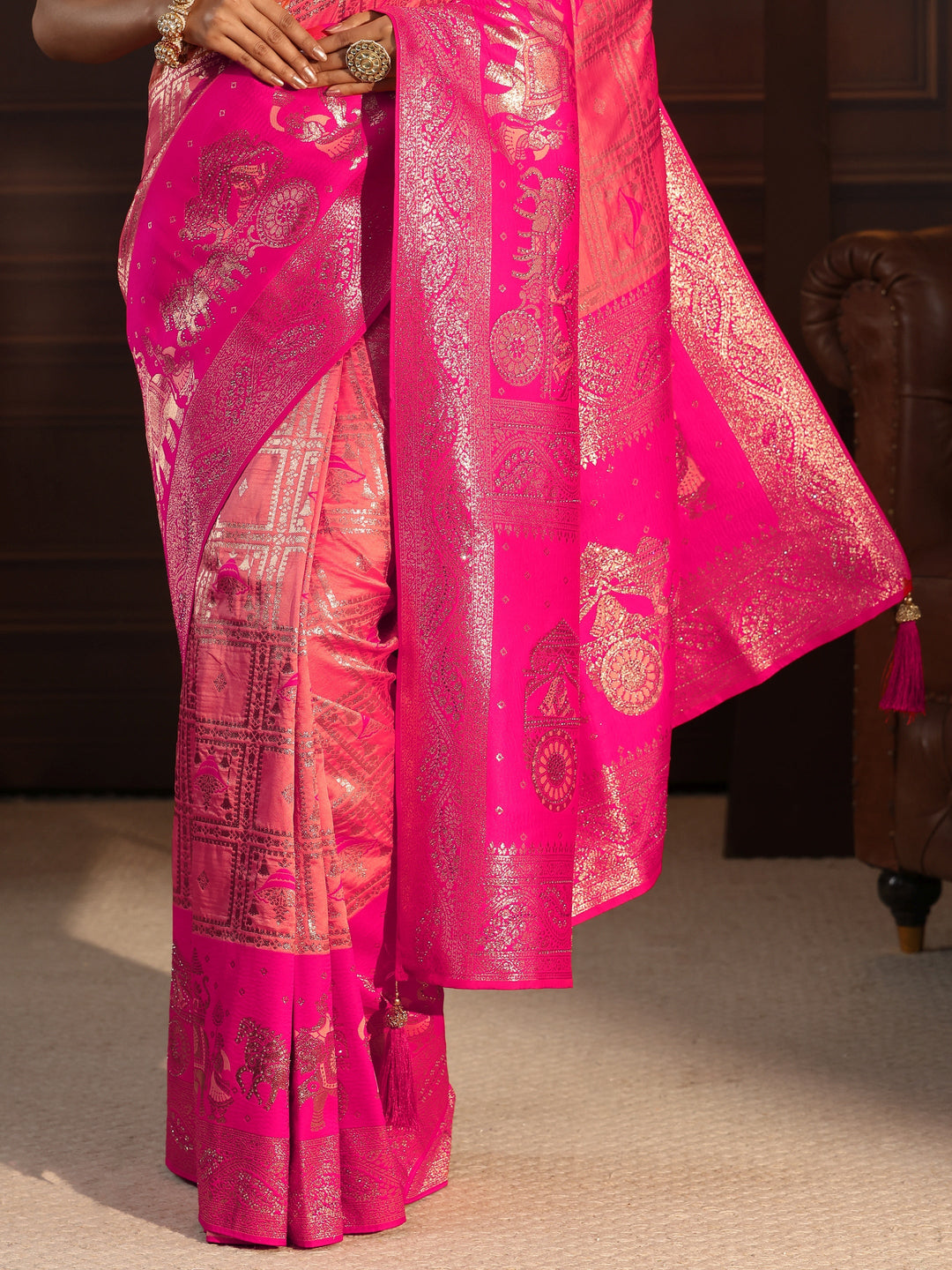 Libas Peach Mughal Style Woven Design Brocade Saree