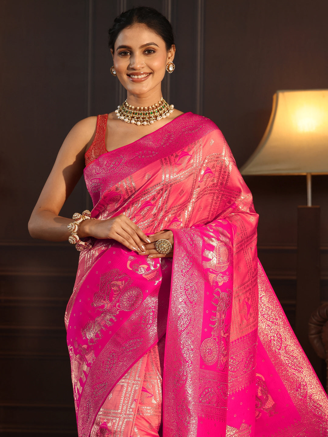 Libas Peach Mughal Style Woven Design Brocade Saree