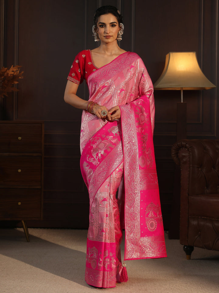 Libas Peach Pink Mughal Style Woven Design Brocade Saree