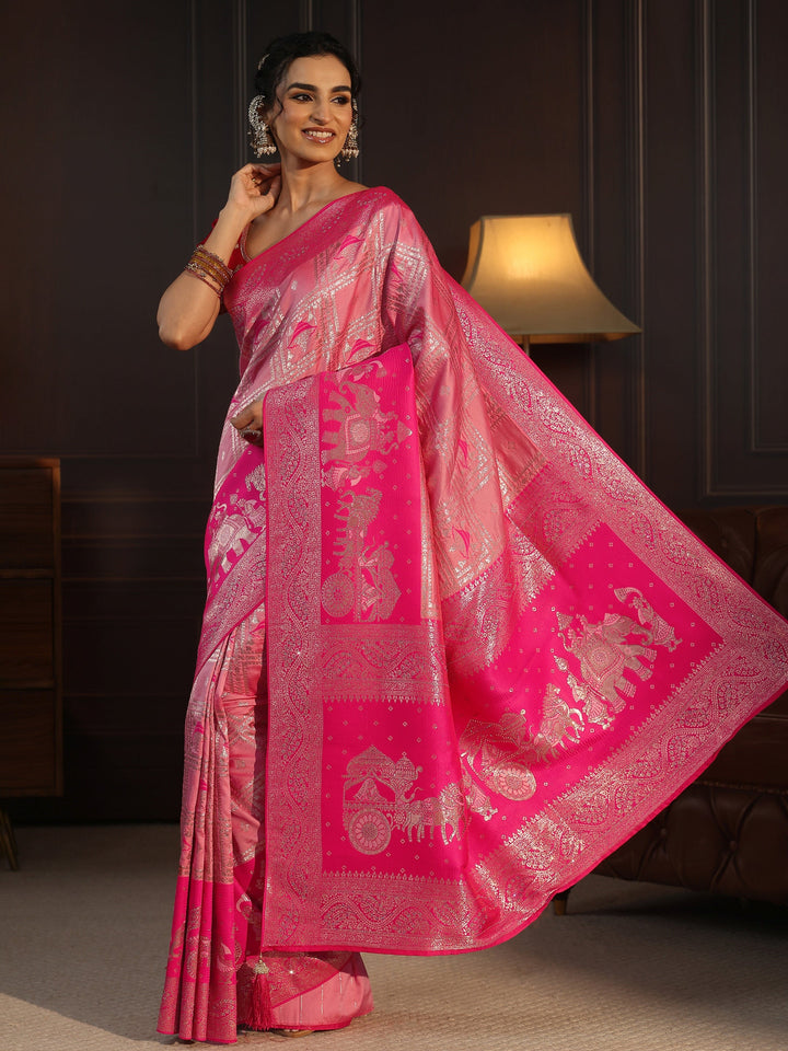 Libas Peach Pink Mughal Style Woven Design Brocade Saree