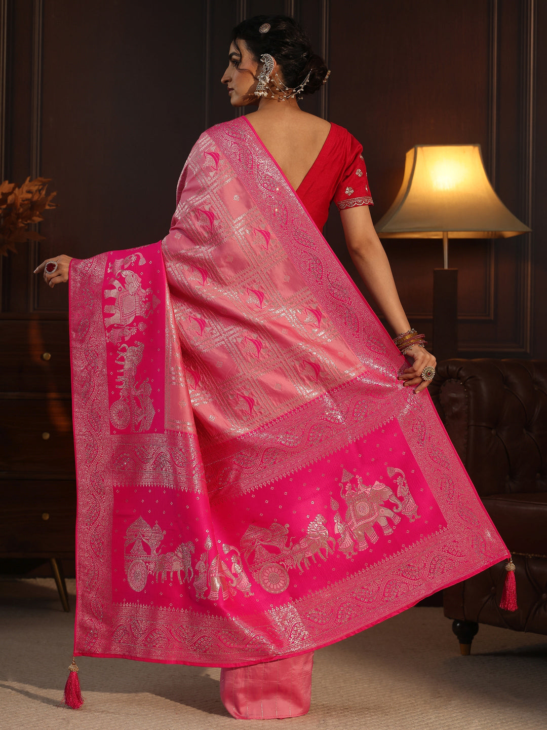 Libas Peach Pink Mughal Style Woven Design Brocade Saree