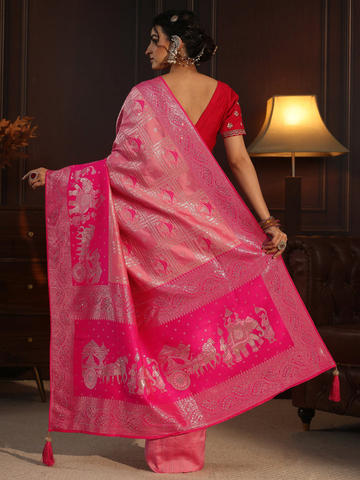 Libas Peach Pink Mughal Style Woven Design Brocade Saree