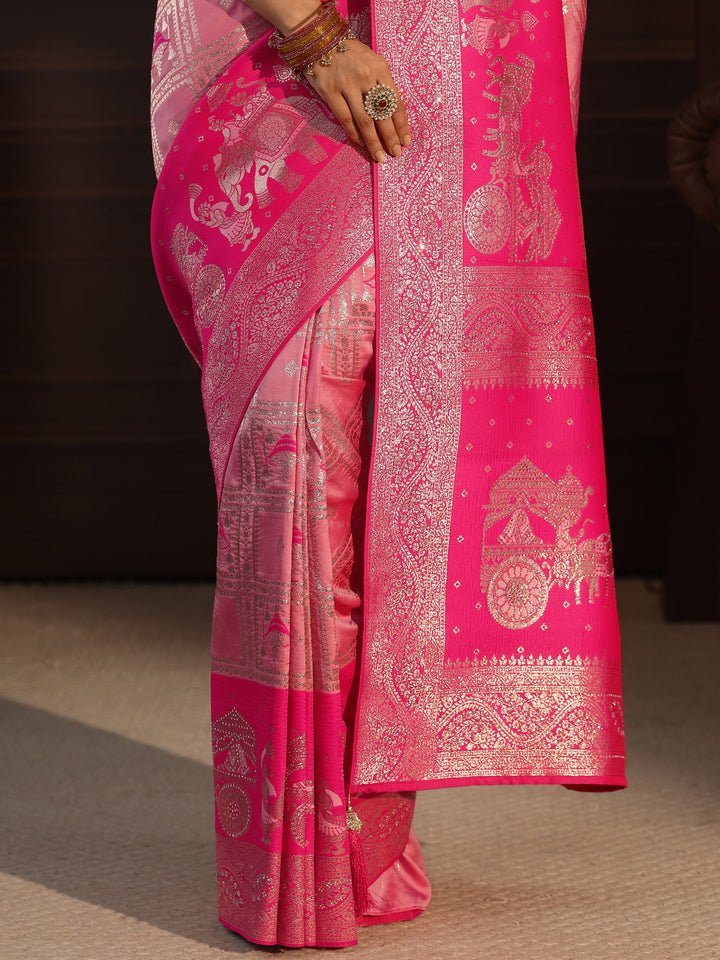 Libas Peach Pink Mughal Style Woven Design Brocade Saree