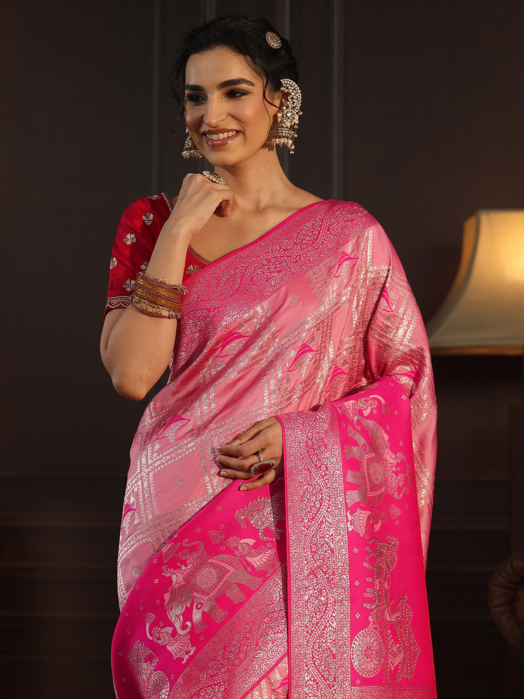 Libas Peach Pink Mughal Style Woven Design Brocade Saree